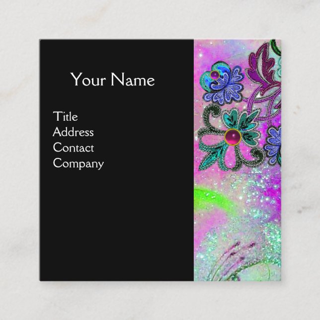TEAL BLUE PURPLE LACE FLOWERS GEMSTONES Black Square Business Card (Front)