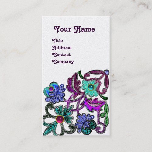 TEAL BLUE PURPLE LACE FLOWERS GEMSTONES Gold Metal Business Card