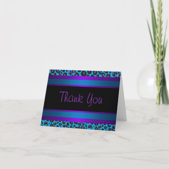 Teal Blue Purple Leopard Thank You Cards (Front)