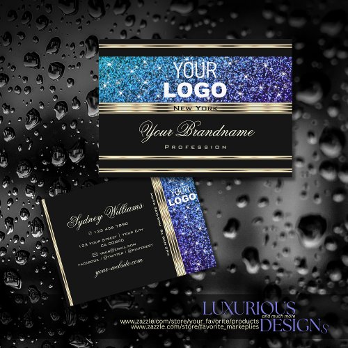 Teal Blue Purple Ombre Glitter add Logo Gold Black Business Card