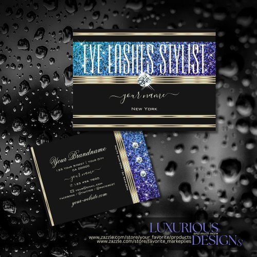 Teal Blue Purple Ombre Glitter Diamonds Gold Black Business Card