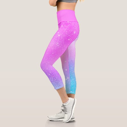 Teal Blue Purple Ombre Holographic Starry Galaxy Capri Leggings