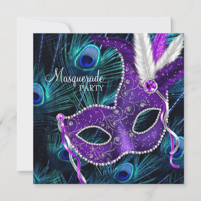 Teal Blue Purple Peacock Masquerade Party Invitation (Front)