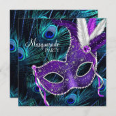 Teal Blue Purple Peacock Masquerade Party Invitation (Front/Back)