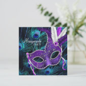 Teal Blue Purple Peacock Masquerade Party Invitation (Standing Front)