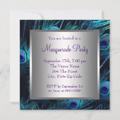 Teal Blue Purple Peacock Masquerade Party Invitation (Back)