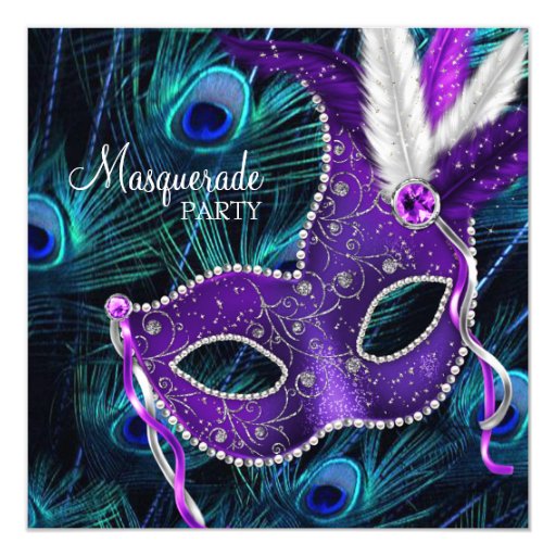 Teal Blue Purple Peacock Masquerade Party Invitation | Zazzle
