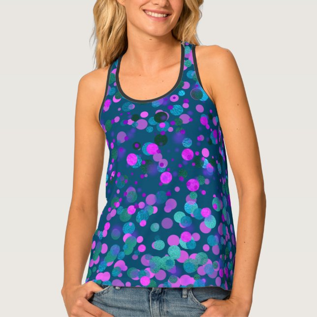 Teal blue purple pink confetti dots chic modern tank top (Front)