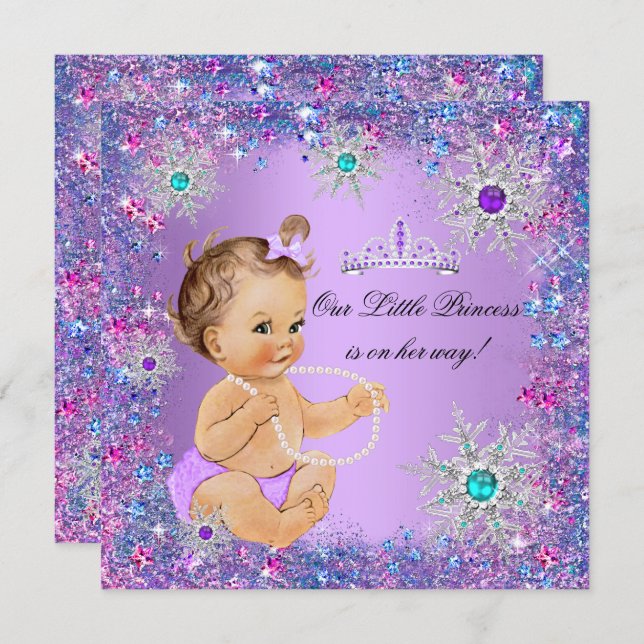 Teal Blue Purple Pink Princess Baby Shower Brown Invitation (Front/Back)
