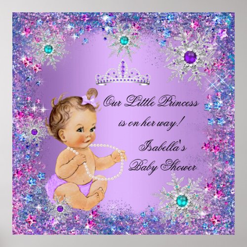 Teal Blue Purple Pink Princess Baby Shower Brown Poster