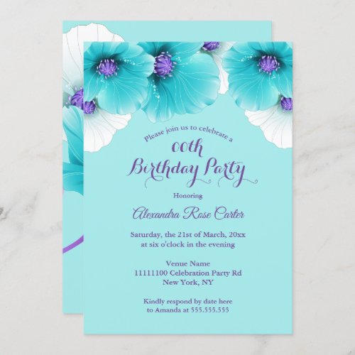 Teal Blue Purple Poppies floral Birthday Party Invitation