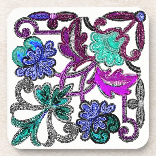 TEAL BLUE PURPLE WHITE LACE FLOWER DRINK COASTER