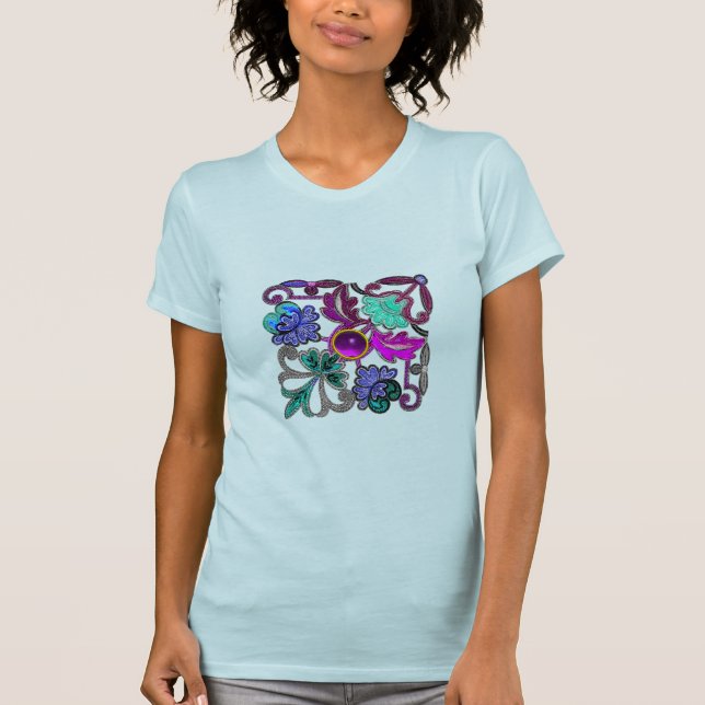 TEAL BLUE PURPLE WHITE LACE FLOWERS AND GEMSTONE T-Shirt (Front)