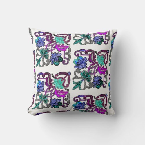 TEAL BLUE PURPLE WHITE VINTAGE LACE FLOWERS THROW PILLOW