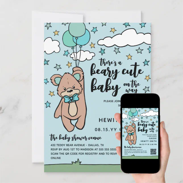 Teal Blue QR Code Beary Cute Boy Baby Shower Invitation Zazzle
