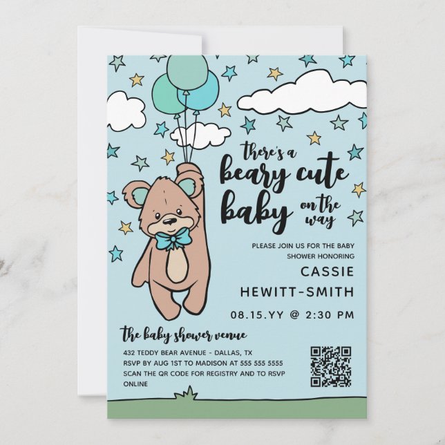 Teal Blue QR Code Beary Cute Boy Baby Shower Invitation (Front)