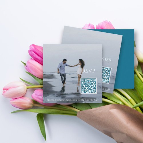 Teal Blue QR Code Photo Wedding Enclosure Card