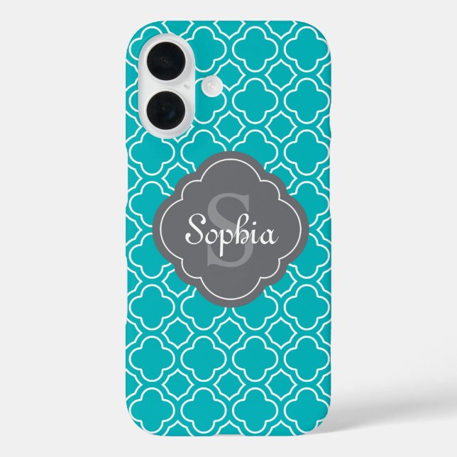 Teal Blue Quatrefoil Pattern Gray Monogram Case-Mate iPhone Case (Back)