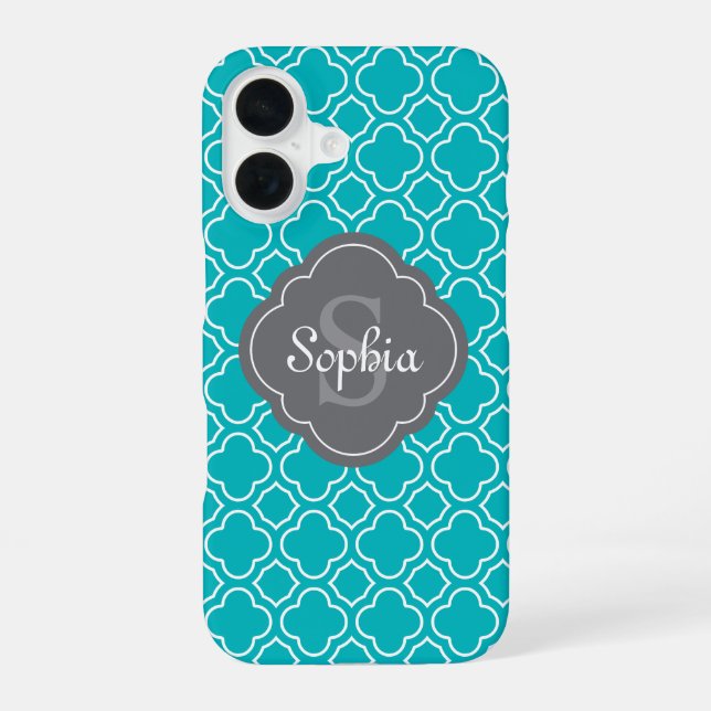Teal Blue Quatrefoil Pattern Gray Monogram Iphone Case (Back)