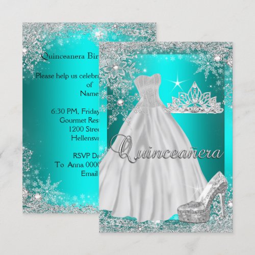 Teal Blue Quinceanera 15th Birthday Party Custom Invite