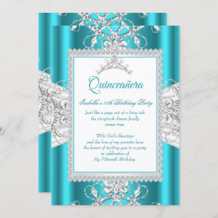Teal Blue Quinceanera 15th Birthday Party Tiara Invitation