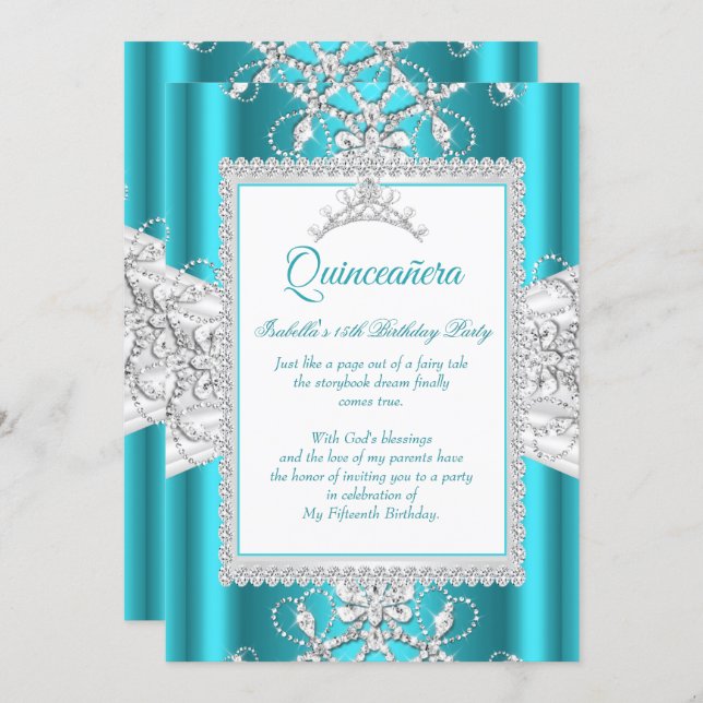 Teal Blue Quinceanera 15th Birthday Party Tiara Invitation (Front/Back)