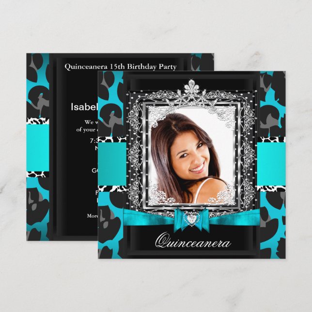 Teal Blue Quinceanera 15th Party Photo Invitation (Front/Back)