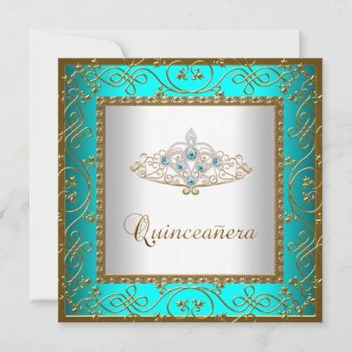 Teal Blue Quinceanera Gold Tiara Custom Announcements