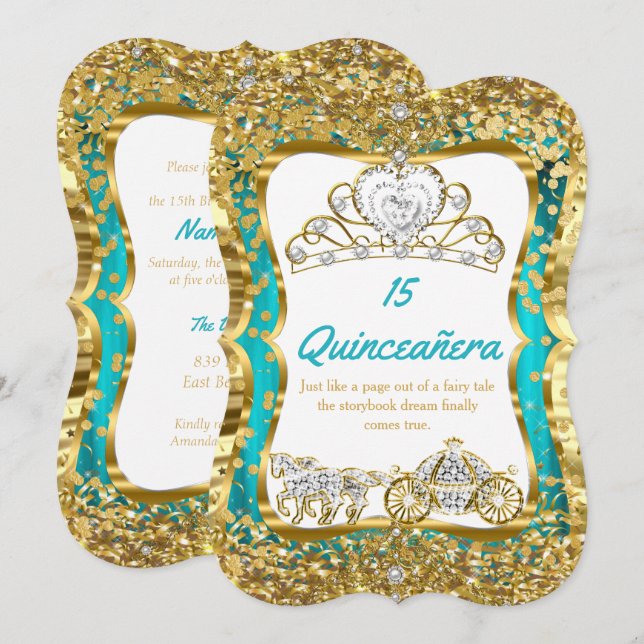 Teal Blue Quinceanera Magical Tiara Gold 2 Invitation (Front/Back)