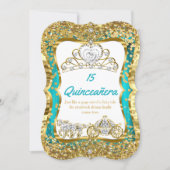 Teal Blue Quinceanera Magical Tiara Gold 2 Invitation (Front)