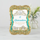 Teal Blue Quinceanera Magical Tiara Gold 2 Invitation (Standing Front)