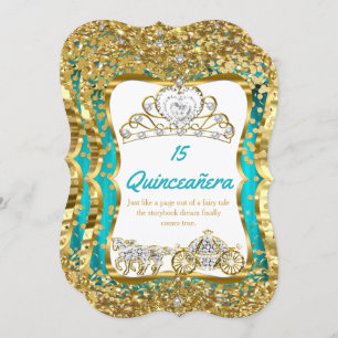 Teal Blue Quinceanera Magical Tiara Gold 2 Invitation