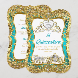 Teal Blue Quinceanera Magical Tiara Gold 2 Invitation