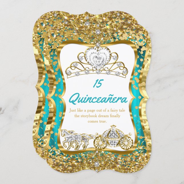 Teal Blue Quinceanera Magical Tiara Gold 2 Invitation (Front/Back)
