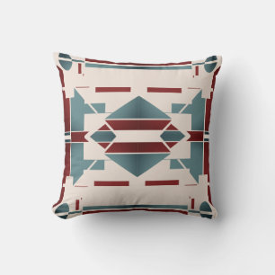 Teal Blue Red Beige Southwest Look Tribal Motif Throw Pillow