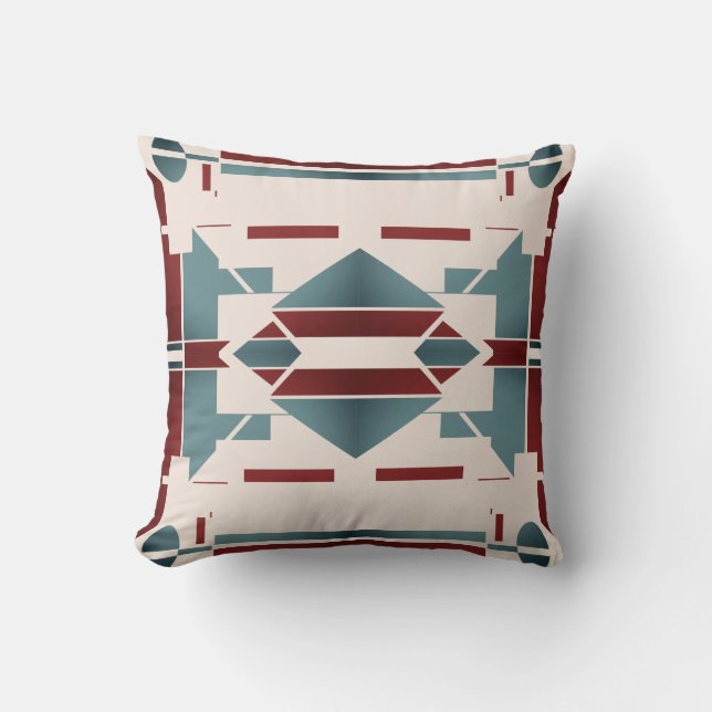 Teal Blue Red Beige Southwest Look Tribal Motif Throw Pillow (Front)