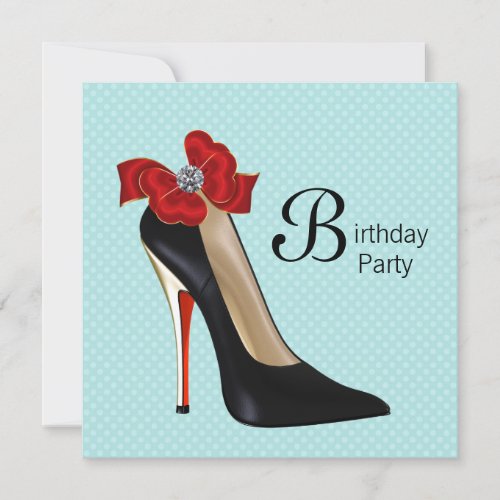 Teal Blue Red Black High Heel Shoe Birthday Party Invitation
