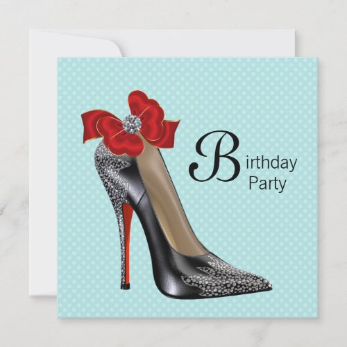 Teal Blue Red Black High Heel Shoe Birthday Party Invitation