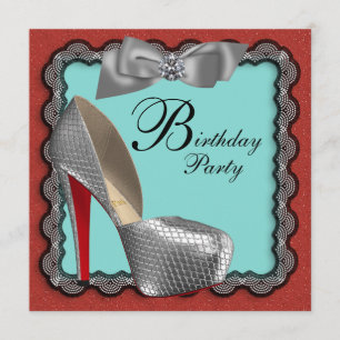 Teal Blue Red Black & Silver High Heel Shoe Birthd Invitation