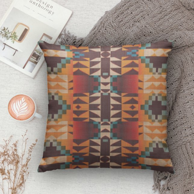 Teal Blue Red Brown Orange Tribal Art Pattern Throw Pillow (Creator Uploaded)