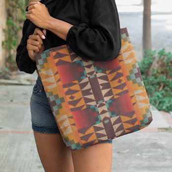 Teal Blue Red Brown Orange Tribal Art Pattern Tote Bag by All_In_Cute_Fun at Zazzle
