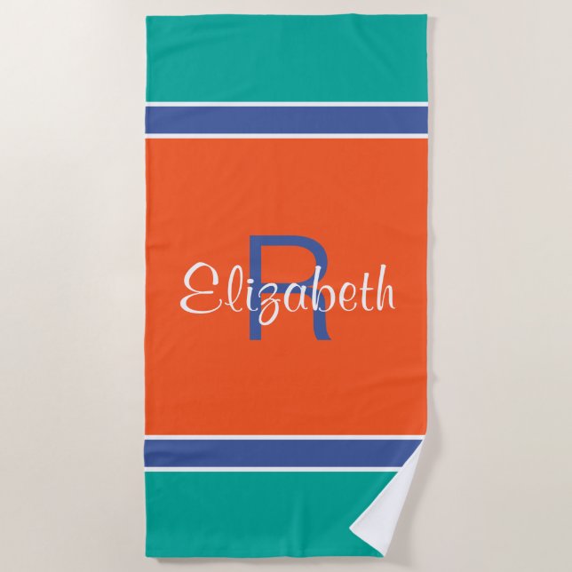 Teal Blue Red Custom Monogrammed Name Initial Beach Towel (Front)