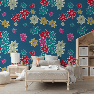 Teal Blue Red Hot Pink Beige Flowers Art Pattern Wallpaper
