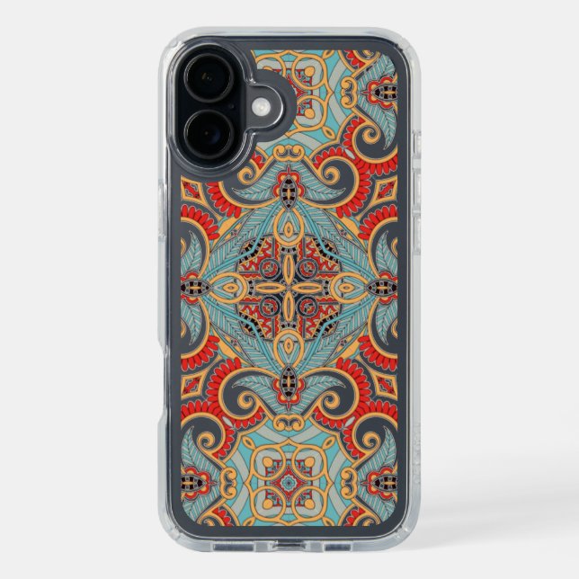 Teal Blue Red Light Orange Floral Mosaic Pattern Speck iPhone Case (Front (Black))