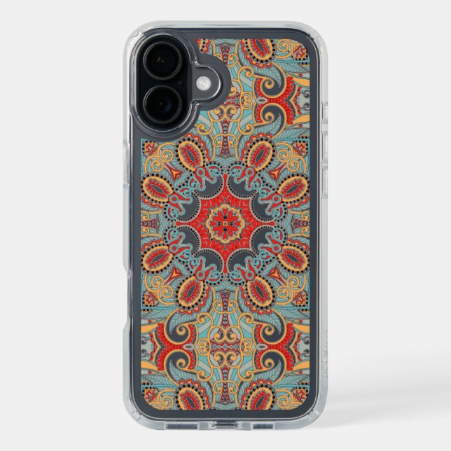 Teal Blue Red Light Orange Floral Mosaic Pattern Speck iPhone Case (Front (Black))