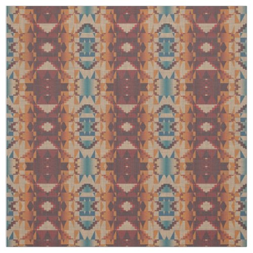 Teal Blue Red Taupe Brown Orange Ethnic Look Fabric