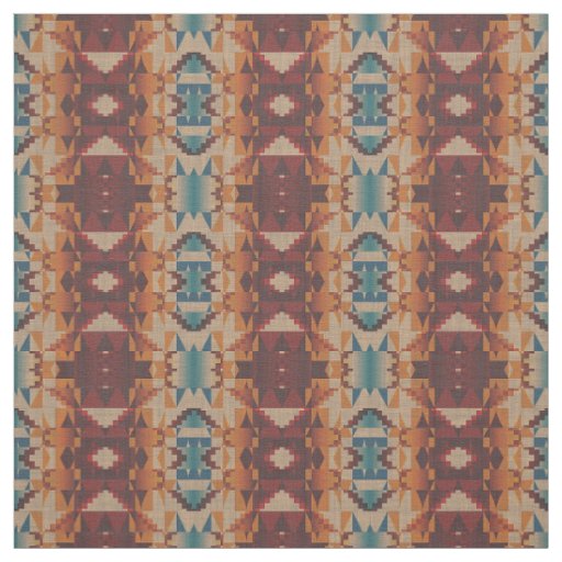 Teal Blue Red Taupe Brown Orange Ethnic Look Fabric