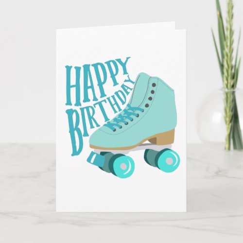 Teal Blue Retro Quad Roller Skate Happy Birthday Card