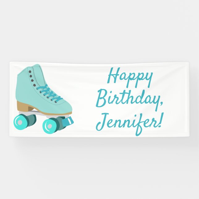 Teal Blue Retro Quad Roller Skate Personalized Banner (Horizontal)
