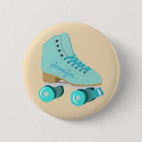 Teal Blue Retro Quad Roller Skate Personalized Button